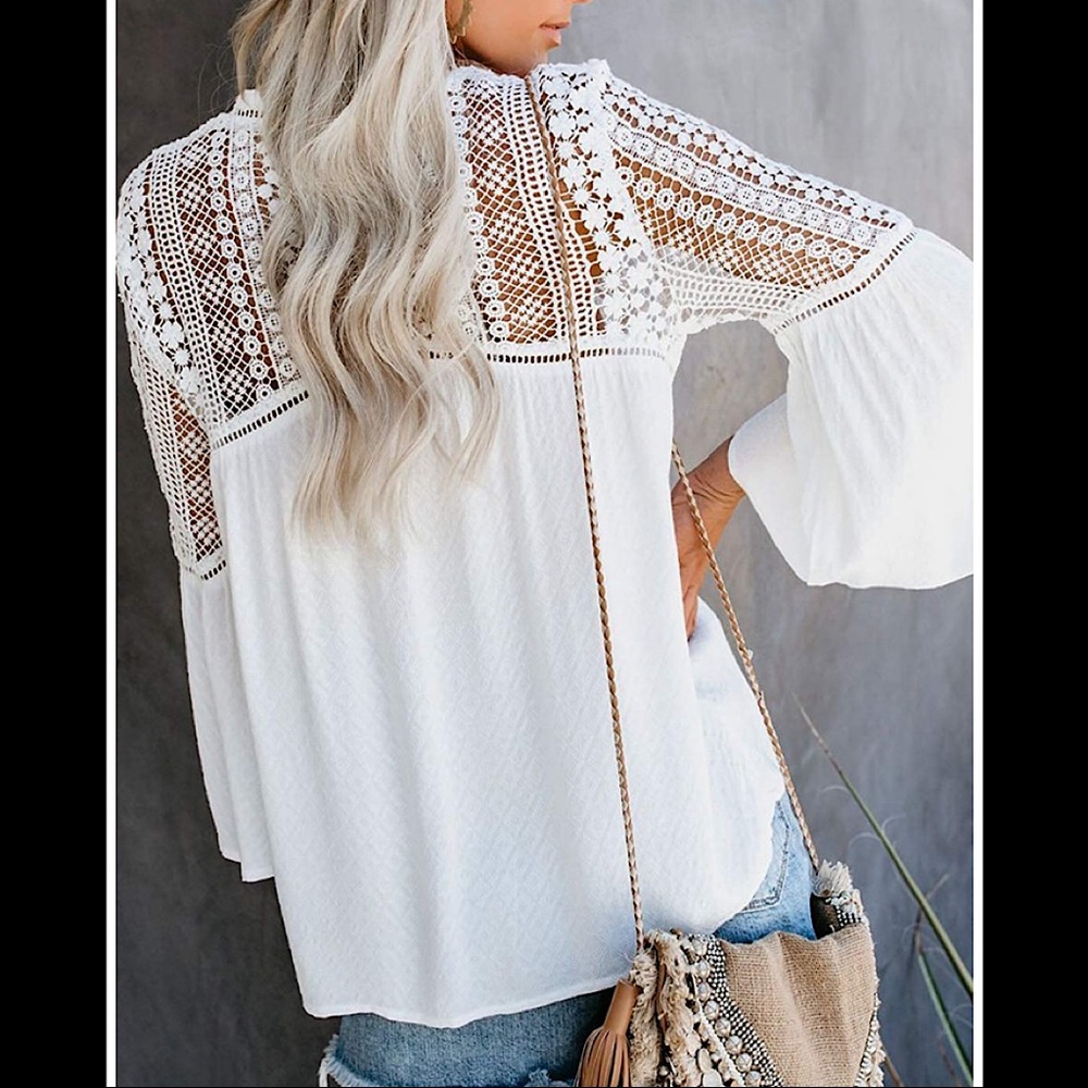 🆕 Casual Lace Crochet Bell Sleeve Top - Picture 2 of 3